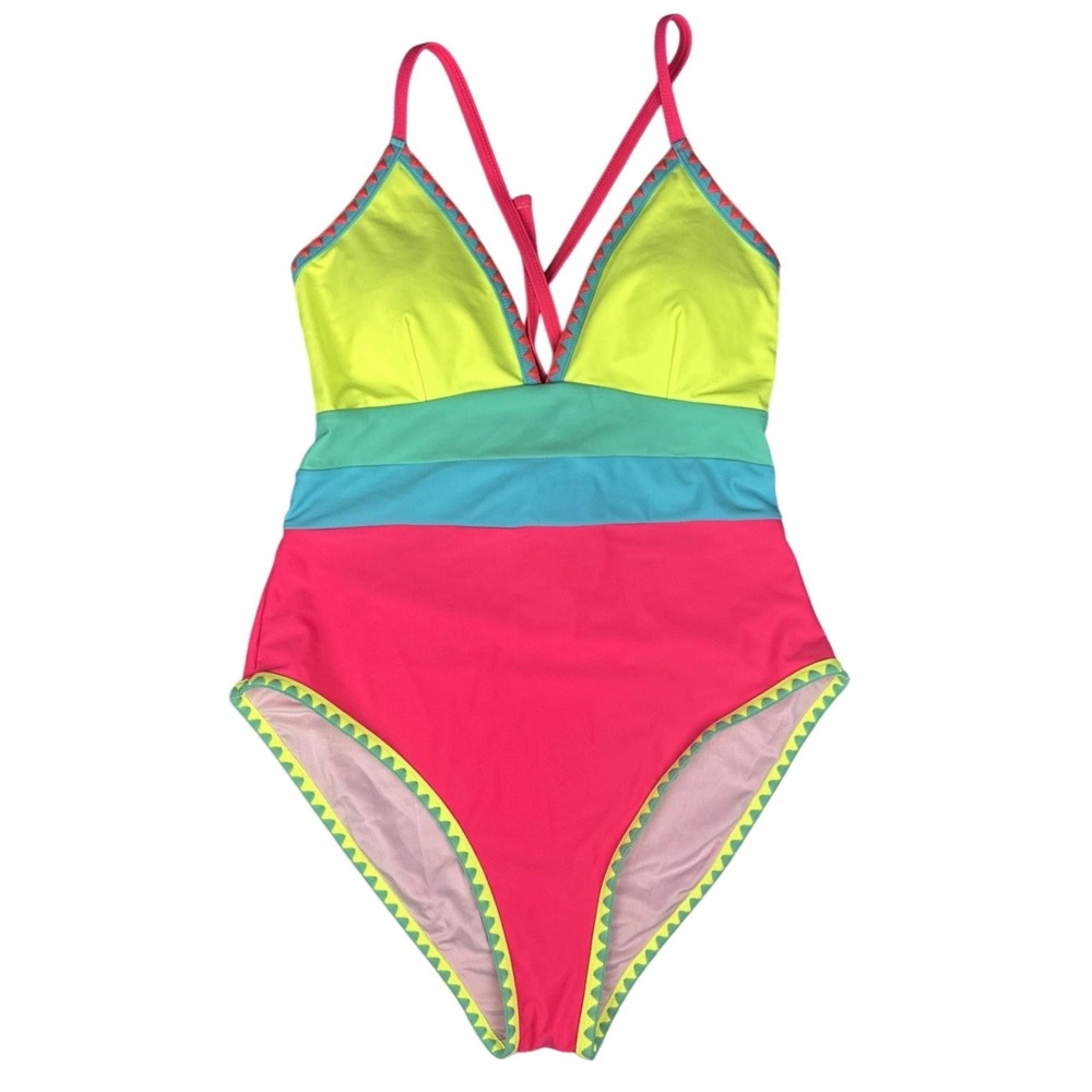 Popvil One Piece Swimsuit Womens XL Colorblock Neon Pink Blue Cutout Tie Back